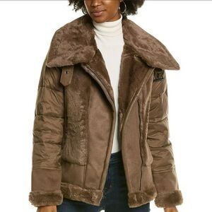 Tahari Womens Saylor Brown Faux Fur Cold Weather Puffer Jacket Coat